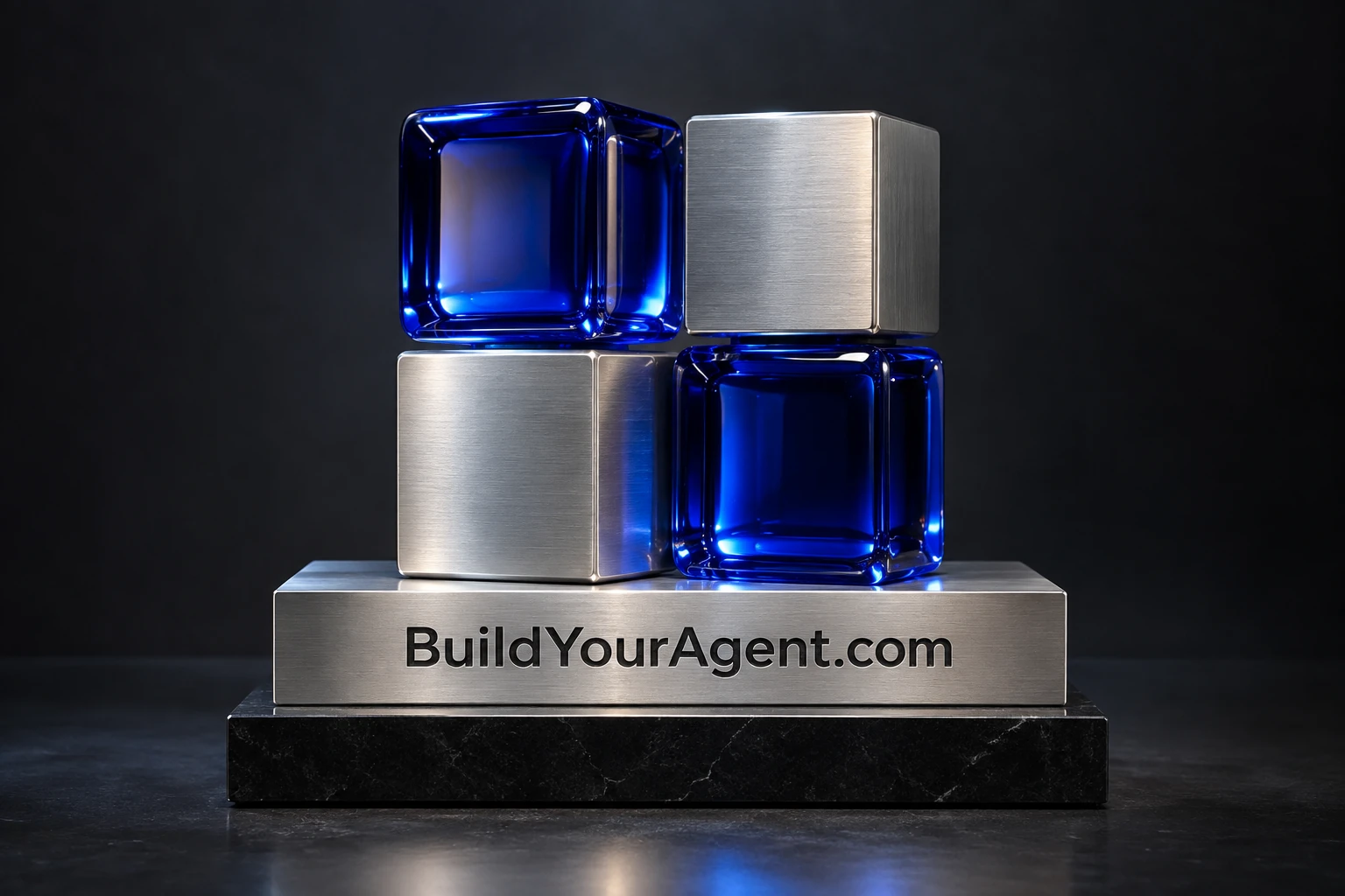 Cobalt glass and precision metal building blocks marked BuildYourAgent.com
