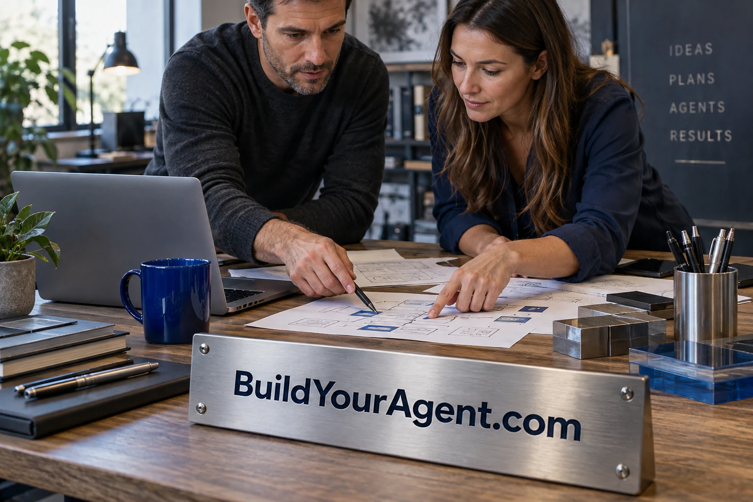 An agent implementation studio, with BuildYourAgent.com integrated into the scene