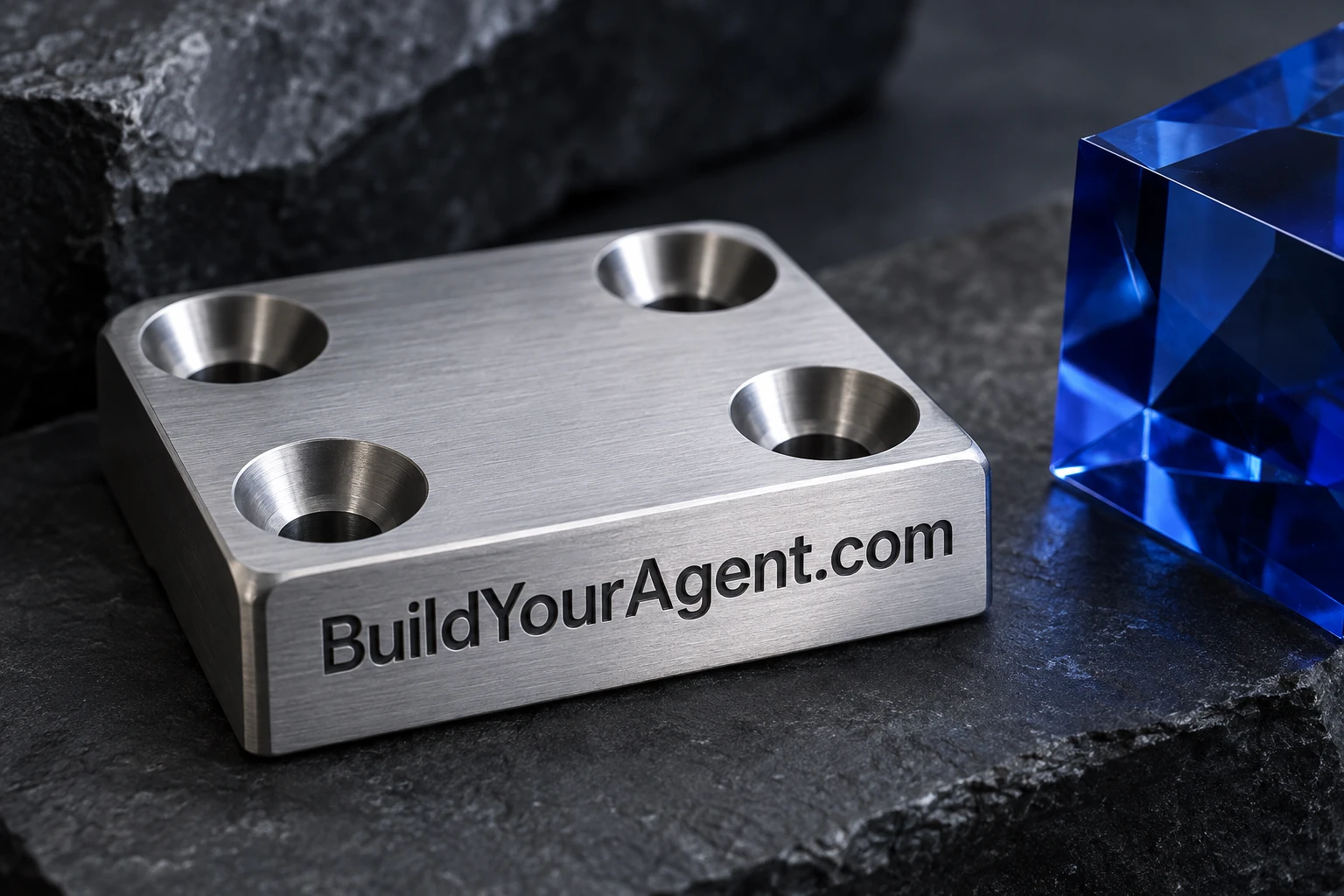 A precision aluminum block engraved with BuildYourAgent.com